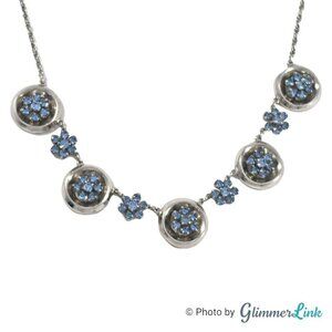 Vintage Pale Blue Rhinestone Floral Cluster Silver Tone Circle Choker Necklace